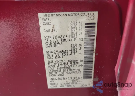 2020 Nissan Murano Sv Fwd из США, поврежденный, VIN 5N1AZ2BJ8LN113547